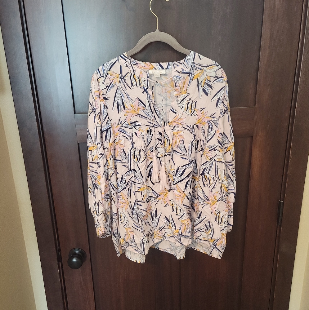 EUC Anthropologie Finn & Grace Floral Pink Oversized Tunic Blouse Top Size Small